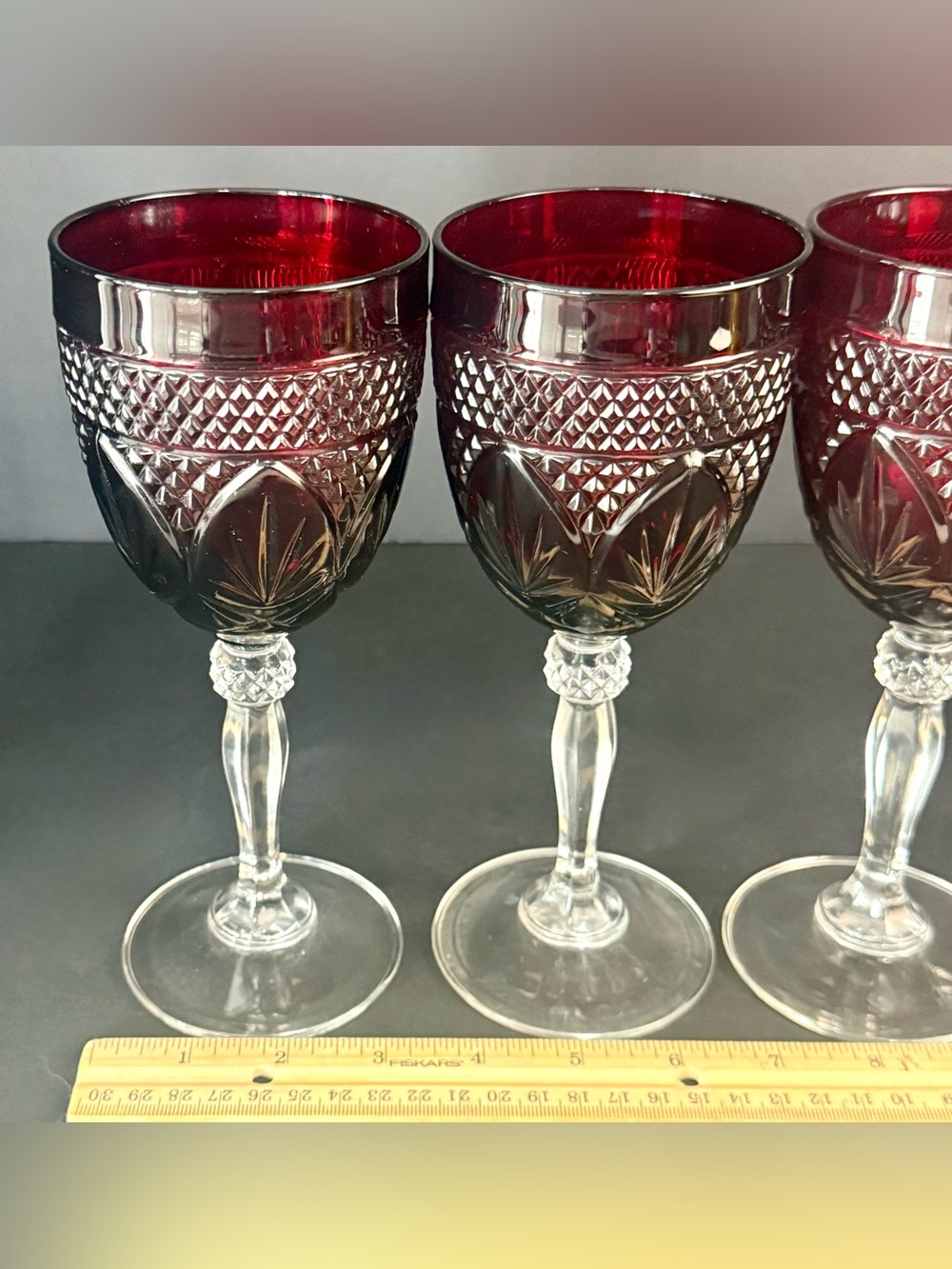 Vintage CRISTAL D'ARQUES Durand ANTIQUE RUBY RED Water Wine glasses 8" Set 4 - Picture 14 of 15